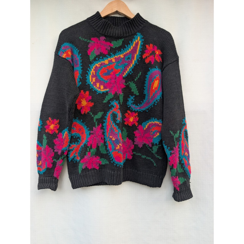 Vintage Plum Black Paisley Sweater Small Colorful Chunky Knit Whimsigoth Retro